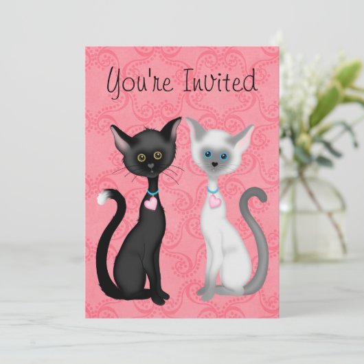 Niedliche Kity Cats Rosa, Schwarz, Weiß zum Geburt Einladung (Stehend Vorderseite)