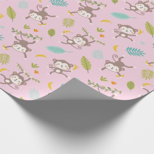 Niedliche kleine Affen mit Bananen und Blättern ro Geschenkpapier (Ecke)