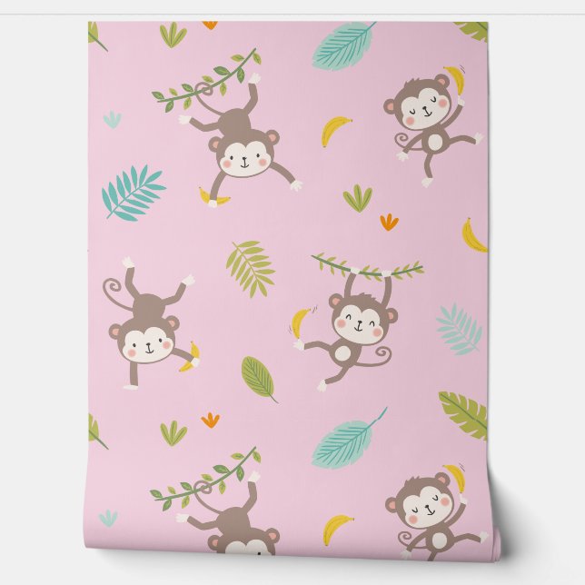 Niedliche kleine Affen mit Bananen und Blättern ro Tapete (Abrollen)