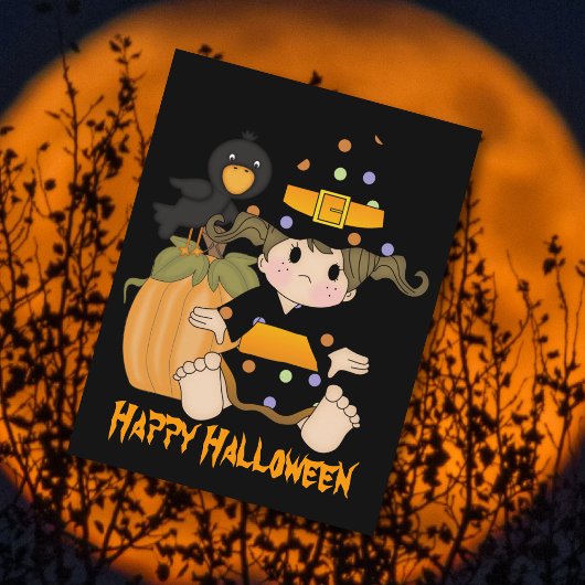 Niedliche kleine Halloween-Hexe, schwarz-orangefar Postkarte