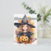 Niedliche Kleine Hexe | Frohe Halloween Postkarte (Stehend Vorderseite)