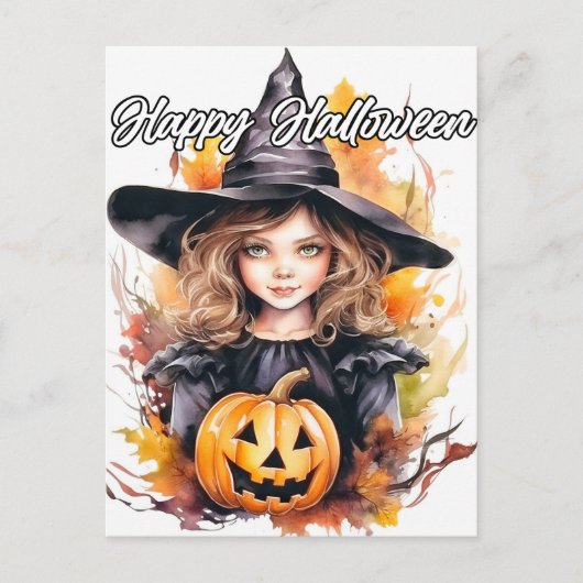 Niedliche Kleine Hexe | Frohe Halloween Postkarte (Vorderseite)