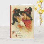 Niedliche kleine Hexe, Halloween-Karten, schwarze Karte (Gelbe Blume)