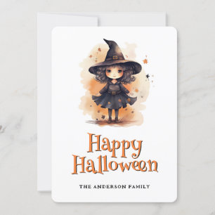 Niedliche kleine Hexe in einer Huthappy Halloween- Feiertagskarte