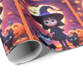 Niedliche kleine Hexe mit Katzen und Kürbissen, Ha Geschenkpapier (Rolleneckpunkt)