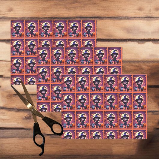 Niedliche kleine Hexe mit Katzen und Kürbissen, Ha Seidenpapier