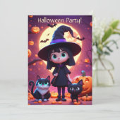 Niedliche kleine Hexe mit Katzen und Kürbissen, na Einladung (Stehend Vorderseite)