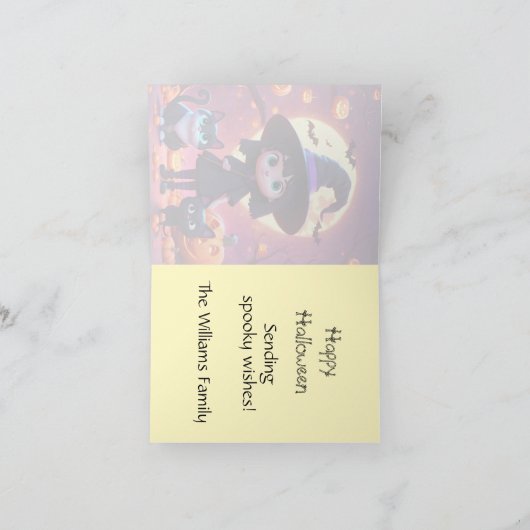 Niedliche kleine Hexe mit Katzen und Kürbissen, na Karte (Innenseite)