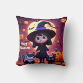 Niedliche kleine Hexe mit Katzen und Kürbissen, na Kissen (Vorderseite)