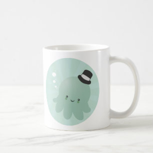 Niedliche kleine Krake, die einen schwarzen Kaffeetasse