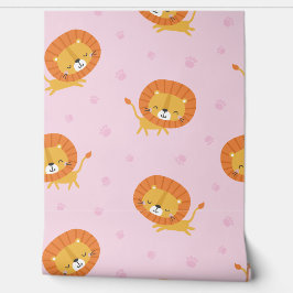 Niedliche kleine Löwen mit Fußspuren auf hellrosa Tapete