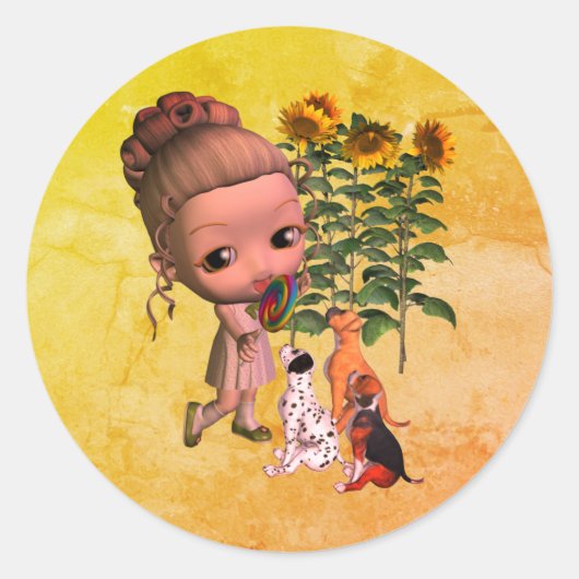 Niedliche kleine Mädchen und Welpen Runder Aufkleber (Vorderseite)