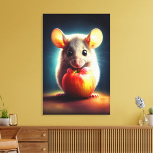 Niedliche kleine Maus mit glänzender Apfelküche Leinwanddruck