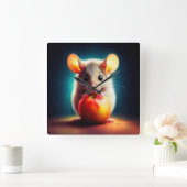 Niedliche kleine Maus mit glänzender Apfelküche Quadratische Wanduhr (Zuhause)