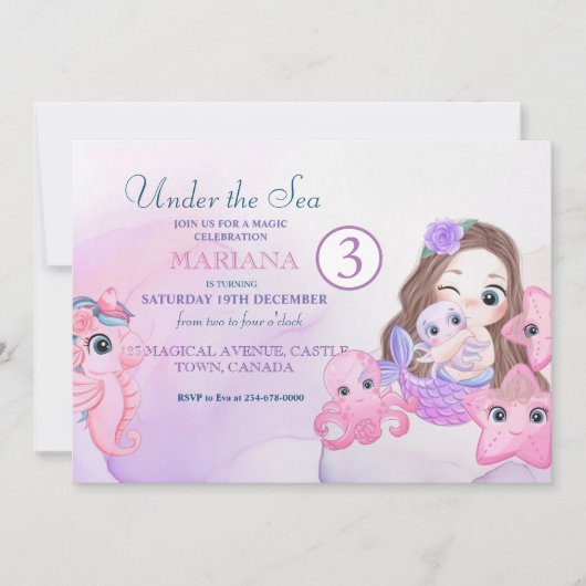 Niedliche kleine Meerjungfrau Lila und Rosa 3. Geb Einladung (Vorderseite)