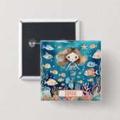 Niedliche kleine Meerjungfrau mit Korallenfisch Button (Vorne & Hinten)