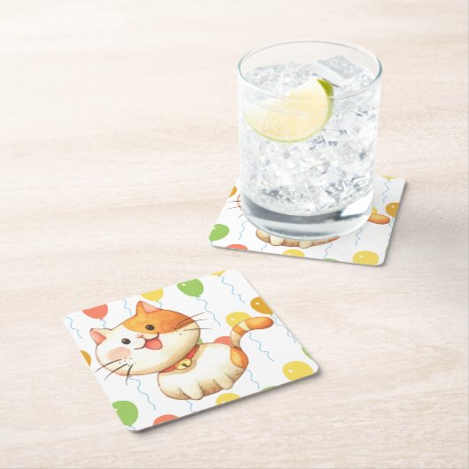 Niedliche Kleine Orange Kätzchen Farbige Balloons Rechteckiger Pappuntersetzer (Vor Ort)