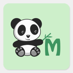 Niedliche kleine Panda mit einem Bambusklebemonogr Quadratischer Aufkleber