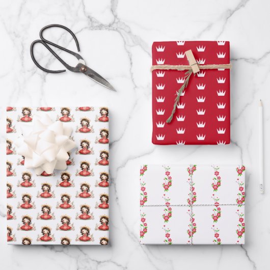 Niedliche kleine Prinzessin mit rotem Kleid Geschenkpapier Set (Vorderseite)