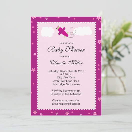 Niedliche kleine rosa Airplane Boy Baby Dusche Einladung (Stehend Vorderseite)