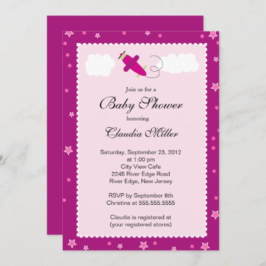 Niedliche kleine rosa Airplane Boy Baby Dusche Einladung (Vorne/Hinten)