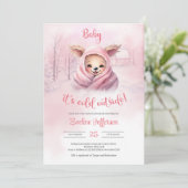 Niedliche kleine rosa Rentiere im rosa Winter Einladung (Stehend Vorderseite)