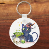 Niedliche kleine schwarze Hexenkatze mit Kessel-Ta Schlüsselanhänger (Vorderseite)