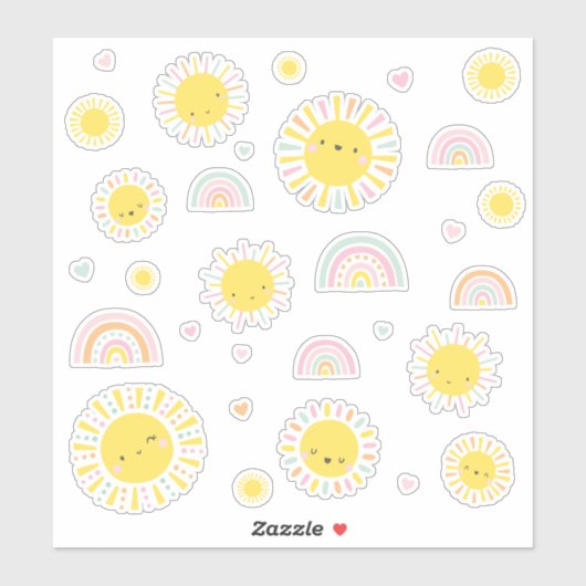 Niedliche kleine Sonnen, Regenbogen und Herzen Aufkleber (Blatt)