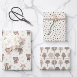 Niedliche kleine Tiere und Bäume in Erdtönen Geschenkpapier Set