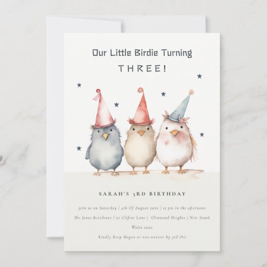 Niedliche kleine Vögel jeden Alters Kindergeburtst Einladung (Vorderseite)