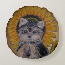 Niedliche kleine Yorkie und Sonnenblumen Rundes Kissen