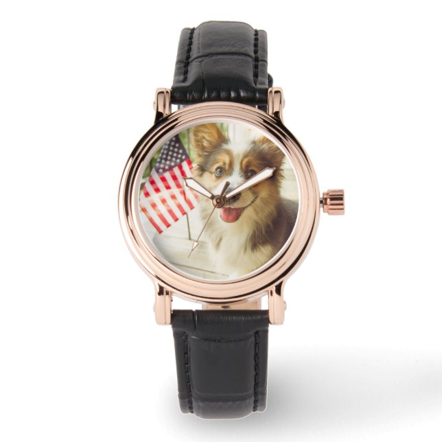 Niedliche Kleintiere | American Flag Corgi Armbanduhr (Vorderseite)