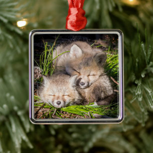 Niedliche Kleintiere Baby Red Fox Kits Schlafen Ornament Aus Metall