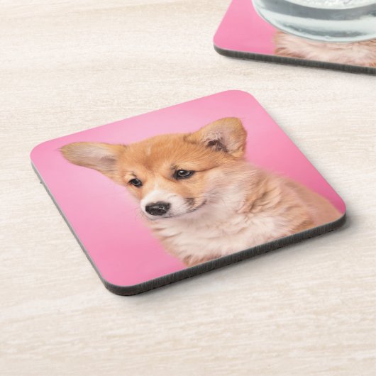 Niedliche Kleintiere | Corgi Puppy in Pink Getränkeuntersetzer (Linke Seite)