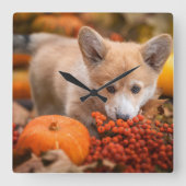 Niedliche Kleintiere | Corgi Welpe im Herbst Quadratische Wanduhr (Vorderseite)
