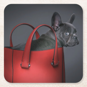 Niedliche Kleintiere   French Bulldog Red Hand Bag Rechteckiger Pappuntersetzer