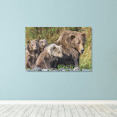 Niedliche Kleintiere | Kodiak Mama Bear & Cubs Leinwanddruck (Insitu (Holzboden))