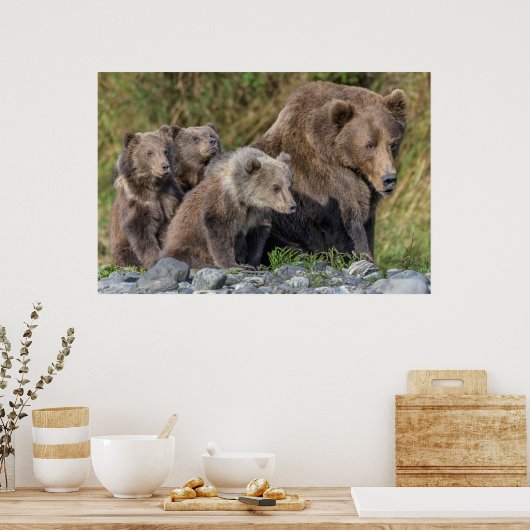Niedliche Kleintiere | Kodiak Mama Bear & Cubs Poster (Küche)