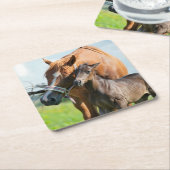 Niedliche Kleintiere | Schwarzer Fohlen mit Mama Rechteckiger Pappuntersetzer (angewinkelt)