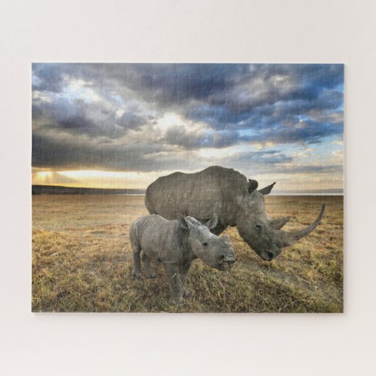 Niedliche Kleintiere | Weißer Rhino und Kalb Puzzle (Horizontal)