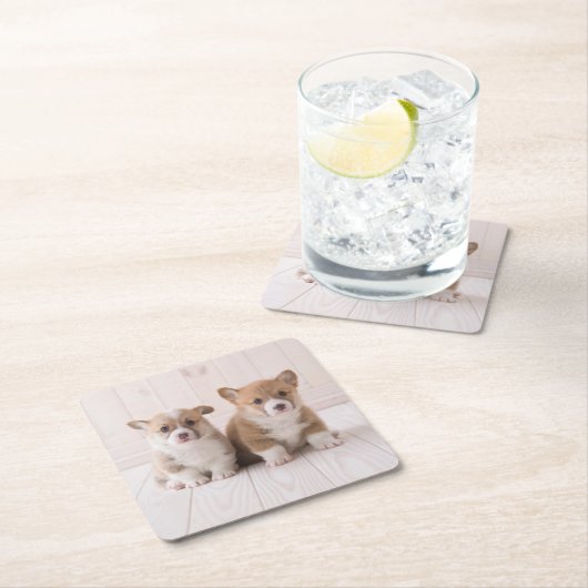 Niedliche Kleintiere | Zwei Baby Corgis sitzen Rechteckiger Pappuntersetzer (Vor Ort)