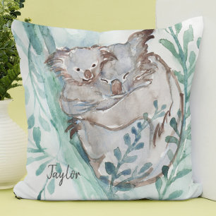 Niedliche Koala & Baby Wasserfarbe Name Aquamarine Kissen