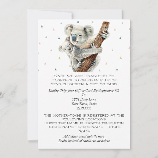Niedliche Koala Bärendusche per Post Einladung (Rückseite)