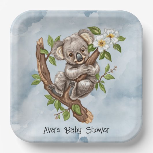 Niedliche Koala Bear Blue Watercolor Babydusche Pappteller (Vorderseite)
