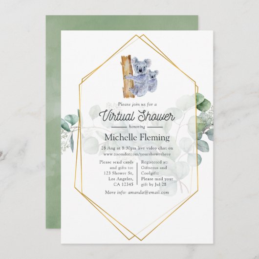 Niedliche Koala Bear Eucalyptus Virtual Baby Dusch Einladung (Vorne/Hinten)