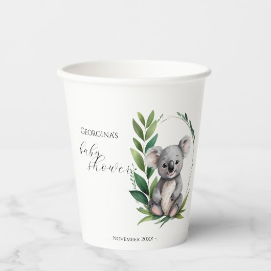 Niedliche Koala Bear Watercolor Green Baby Dusche Pappbecher (Vorderseite)