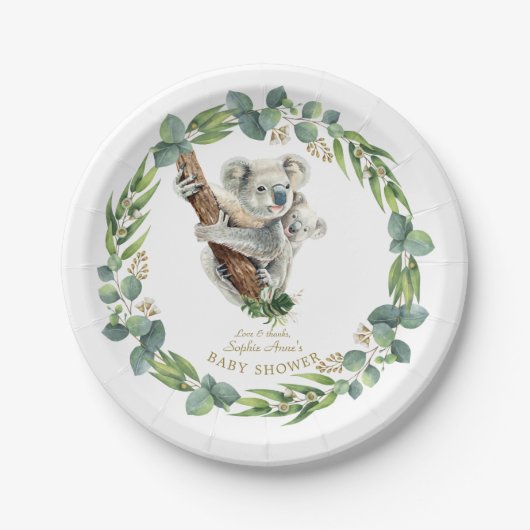 Niedliche Koala Eucalyptus Wreath Girl Baby Dusche Pappteller (Vorderseite)