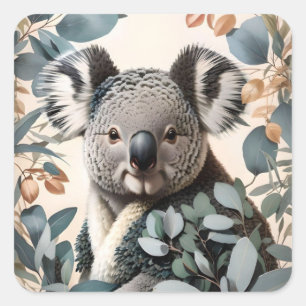 Niedliche Koala-Eukalyptus-Blätter Quadratischer Aufkleber