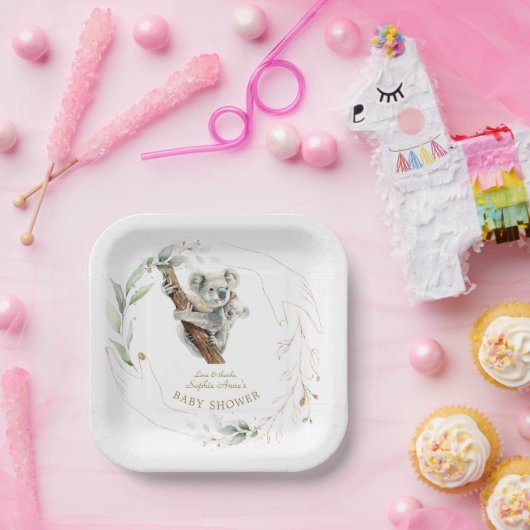 Niedliche Koala Greenery Gold Girl Baby Dusche Pappteller (Party)