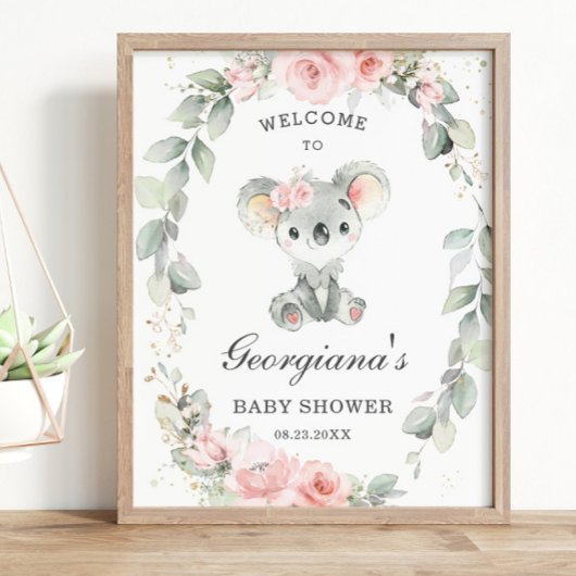 Niedliche Koala Pink Blumengeschirr Grüne Kinderdu Poster